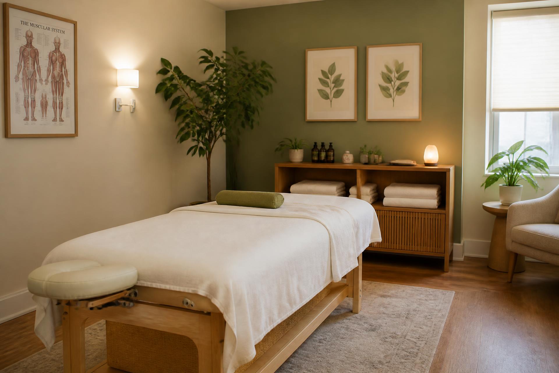 A softly lit medical massage treatment room with a linen-dressed table, dark wood floor, and a wall sconce